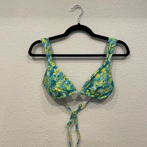 Blue Green Yellow Floral Bikini Top with Tie Straps